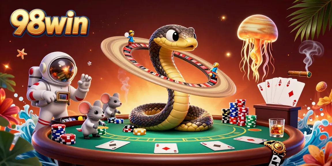 Experience the thrill of gambling with 98win, featuring a cosmic roulette and poker action in a vibrant casino scene.