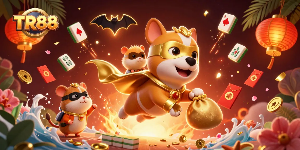 Experience exciting gameplay with TR88 as a cartoon superhero dog and hamster celebrate winning coins.