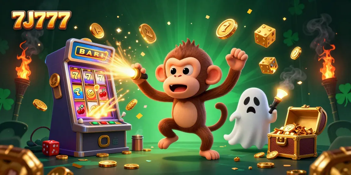 Experience thrilling wins at 7J777 with vibrant 3D illustrations showcasing slot machine jackpots.