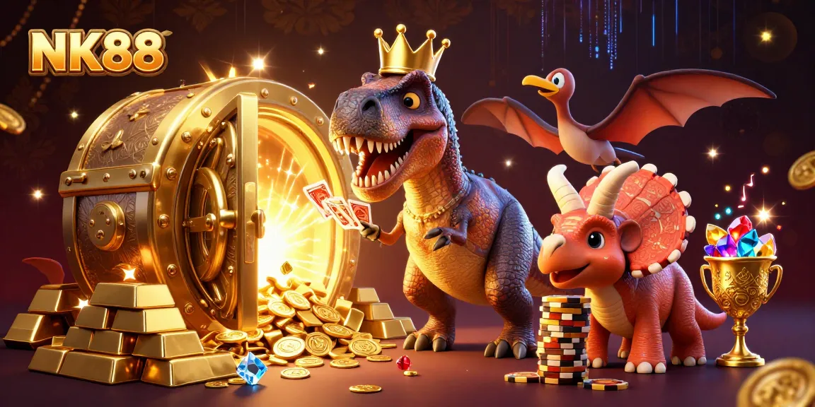 Experience exciting gameplay at NK88 with a fun T-Rex, pterodactyl, and triceratops in a vibrant casino scene.