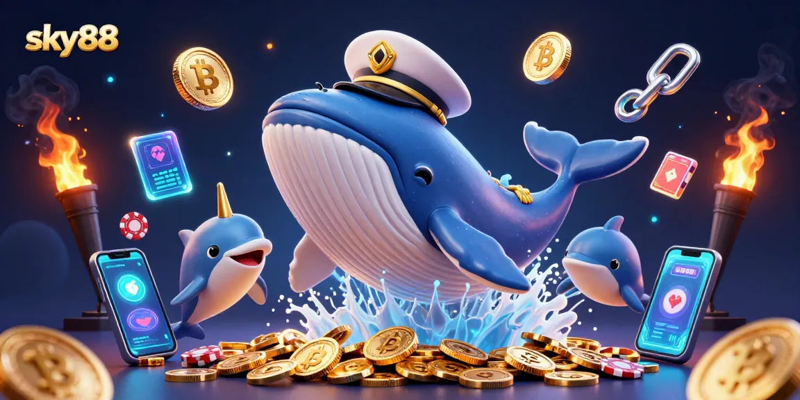 Engage with sky88's captivating 3D illustration showcasing crypto coins and playful gaming characters.