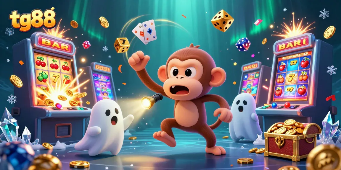 Experience thrilling action at tg88 with a poltergeist monkey and ghost-hunter puppy in a colorful casino scene.