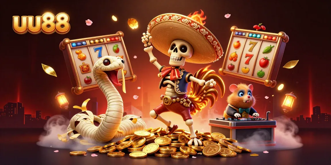 uu88 players action on slots with vibrant characters celebrating wins and golden treasures