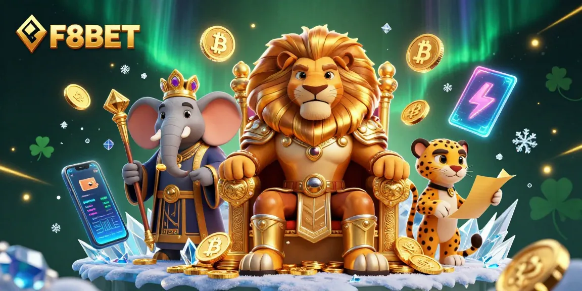 Experience adventure with F8BET, featuring a royal scene of a lion king and neon currency.