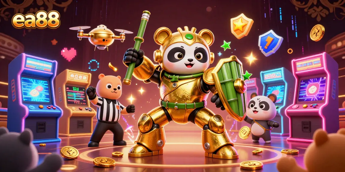 Engage in excitement at ea88, where a golden panda robot battles in a vibrant casino arena.