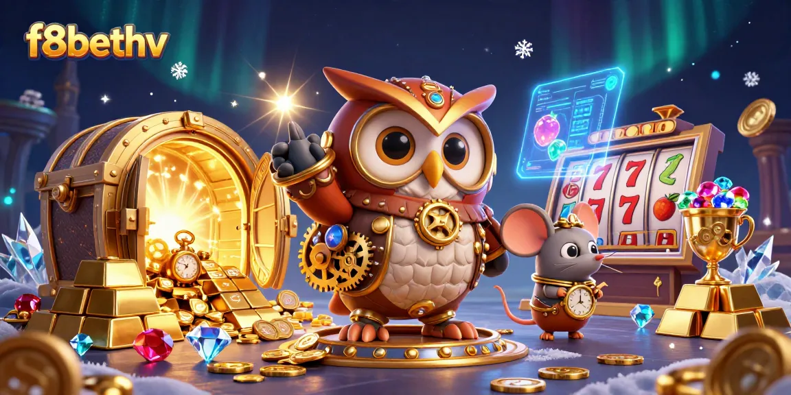 Experience the thrill of f8bethv as a time-traveler owl explores a vibrant casino world.