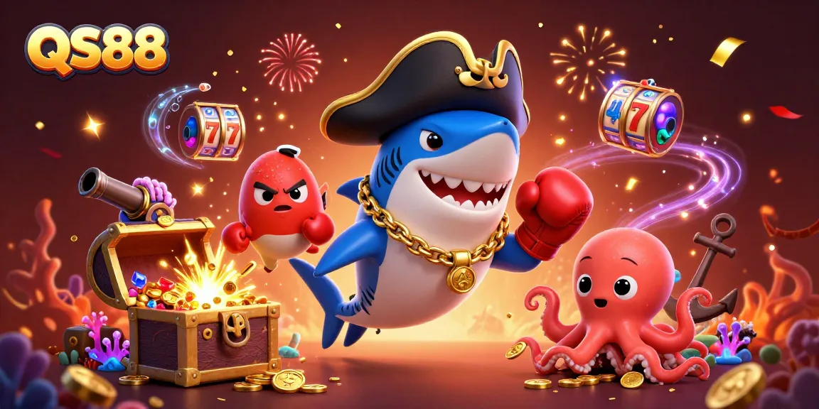Engage with the vibrant QS88 casino adventure featuring a pirate shark and treasure.