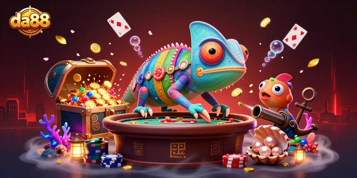 Engage with da88's vibrant casino world featuring a colorful chameleon and floating game elements.