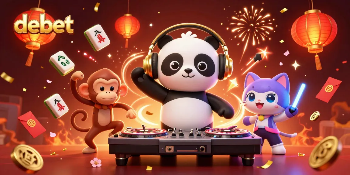 Experience vibrant debet-themed celebration with a 3D panda DJ, breakdancing monkey, and rave kitten.