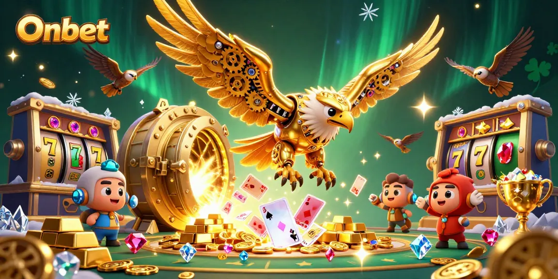 Onbet showcases an exhilarating scene with a golden eagle diving through holographic cards amid casino treasures.