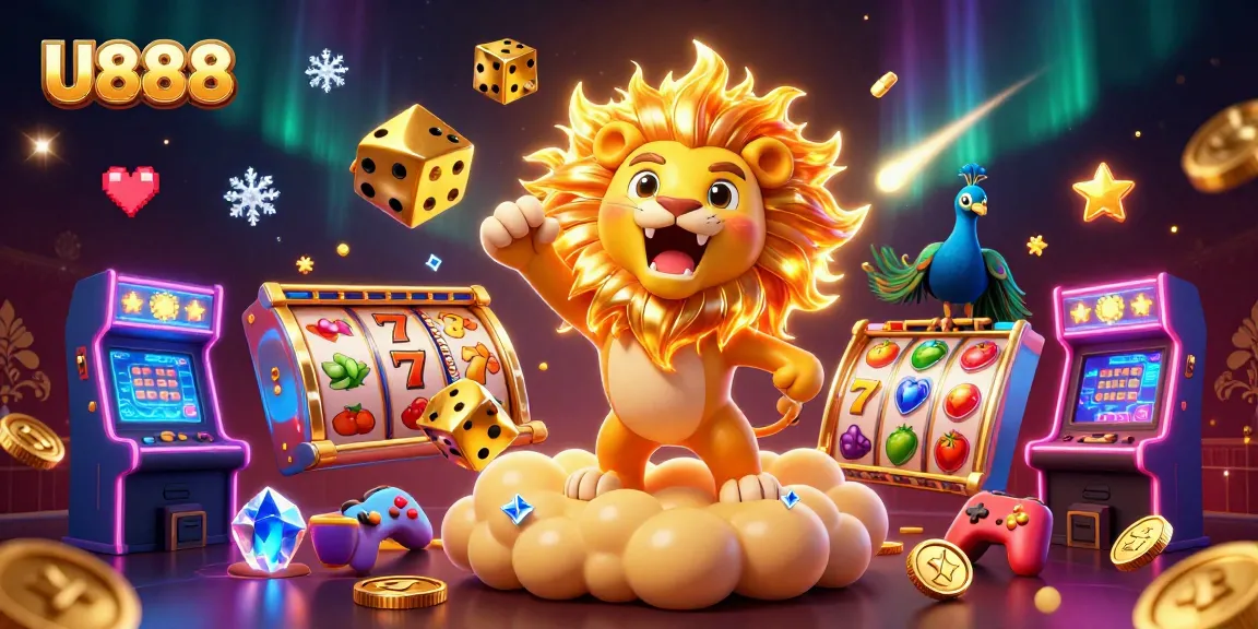 Experience thrilling gameplay at U888 with a vibrant 3D illustration of slot gaming elements and divine characters.