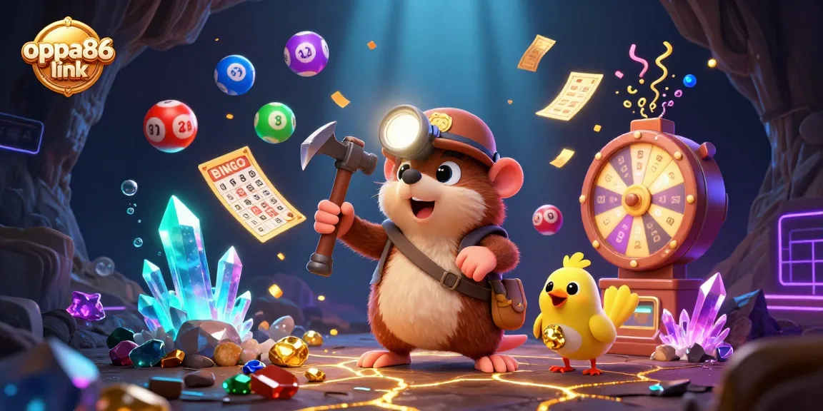 Experience vibrant gambling action with oppa86 link, showcasing a treasure hunting scene filled with treasure, tickets, and lottery excitement.