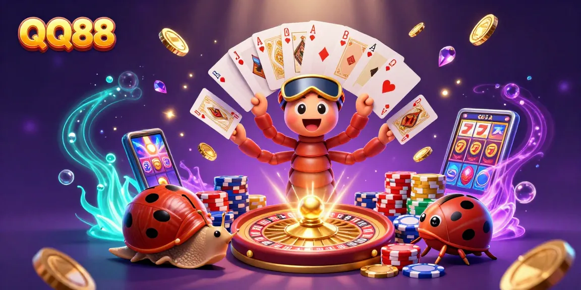 Experience QQ88 action with a vibrant 3D illustration of a casino scene filled with excitement.