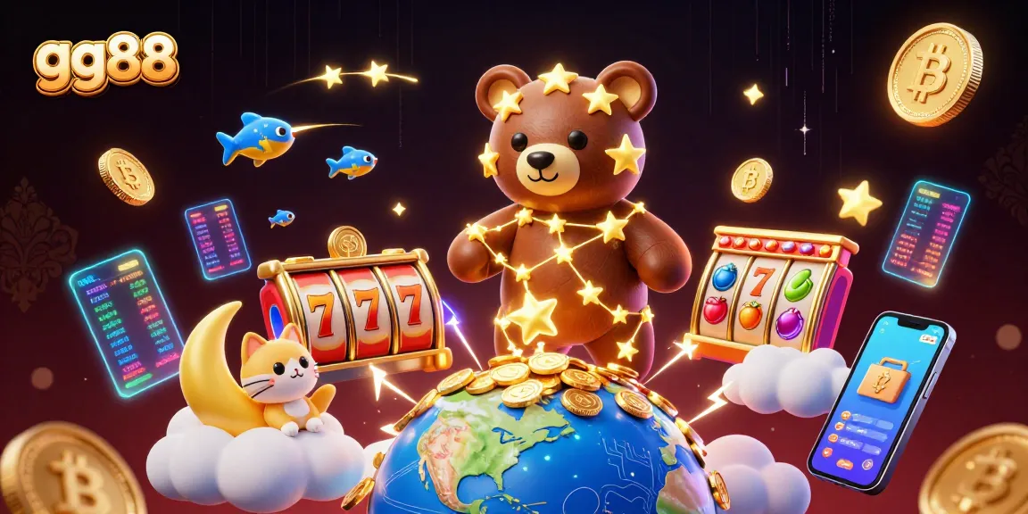 Engage in thrilling gaming at gg88 with a vibrant casino scene featuring slots, coins, and cosmic characters.