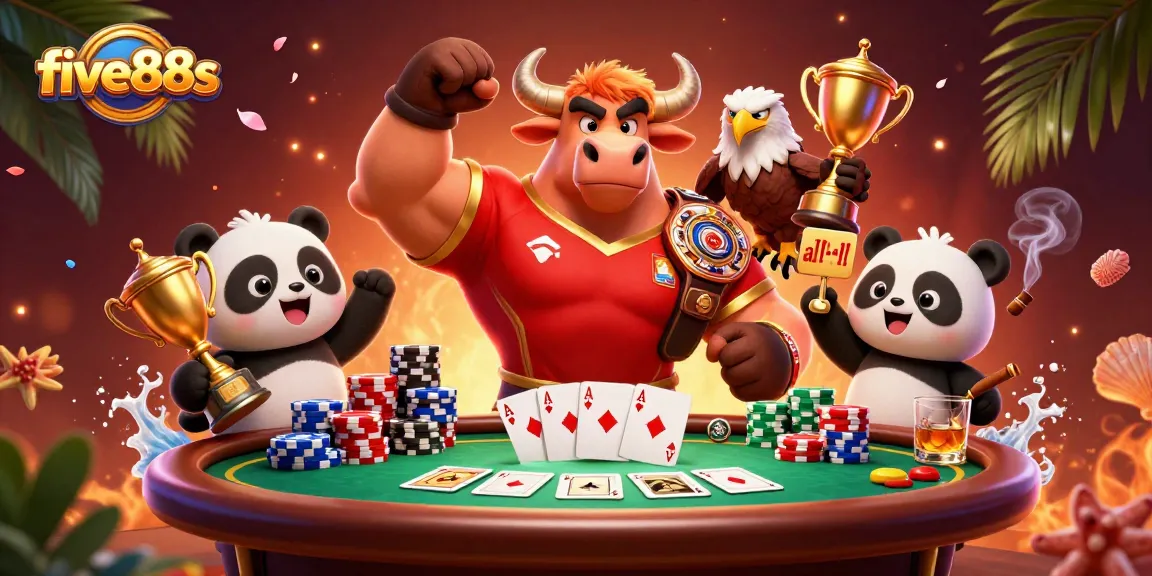 Join the excitement at five88s with a winning bull mascot and joyful characters in a vibrant casino scene.