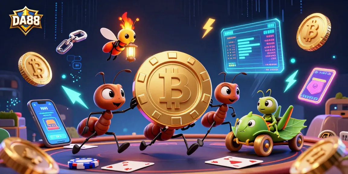 DA88's captivating heist scene with ants, poker chip, and vibrant crypto elements.