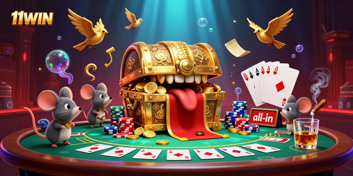 Engage with 11WIN's vibrant casino world as mice explore a treasure chest amid poker elements and dramatic effects.