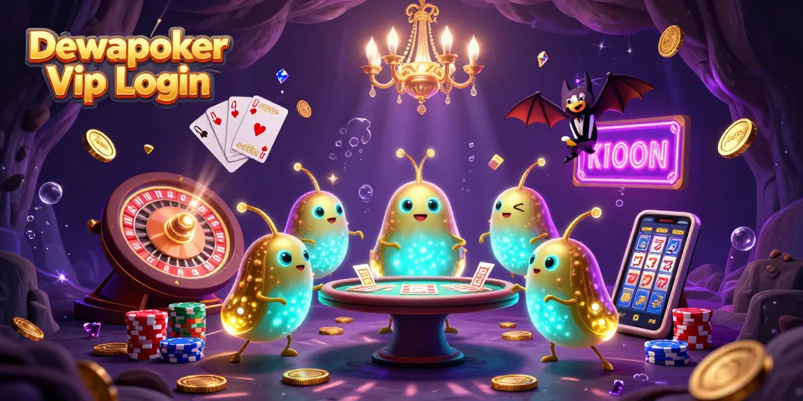 Dewapoker Vip Login showcases a lively cave casino with glowworms and a bat dealer, illuminating the scene for a thrilling experience.