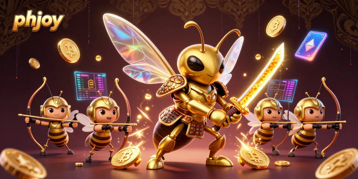 Experience the thrill of gaming with phjoy's vibrant 3D illustration featuring unique characters and cryptocurrency elements.