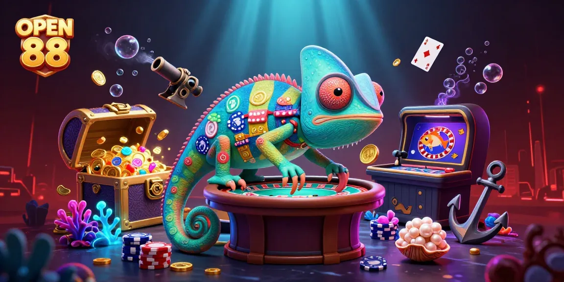 Engage with the vibrant OPEN 88 casino scene featuring a colorful chameleon owner amidst underwater treasures.