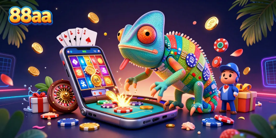 Join the vibrant action at 88aa, where the chameleon casino owner watches over spinning slots and golden coins.