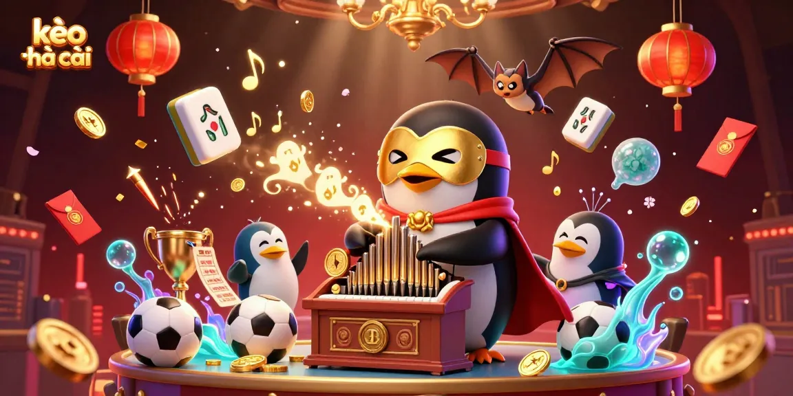 Bet on kèo nhà cái as the phantom penguin celebrates with golden coins and sports elements