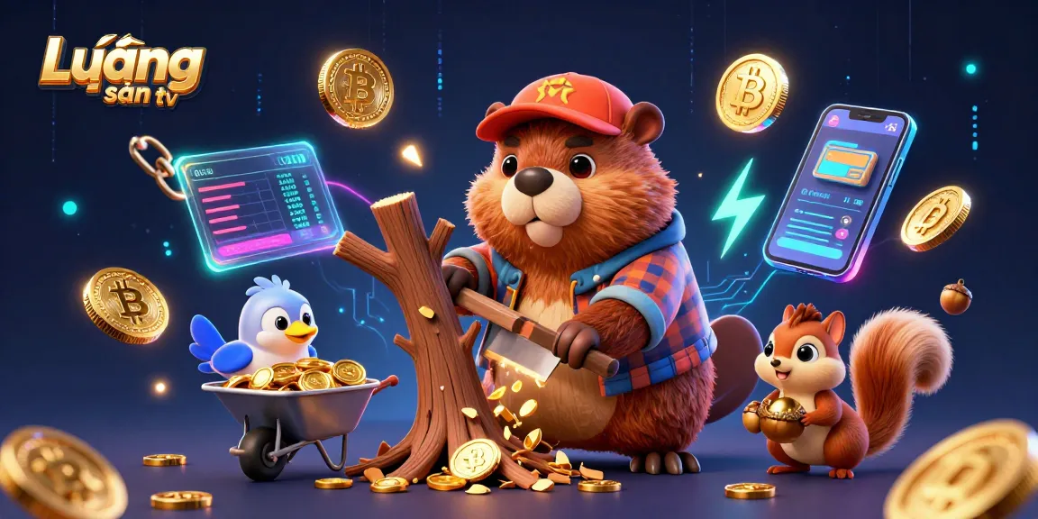 Lương sơn tv showcases a lively scene with characters interacting around digital gaming elements and crypto coins.