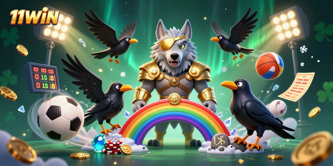 Engage with the vibrant scene of 11WIN showcasing Norse mythology characters amidst sports elements and casino visuals.