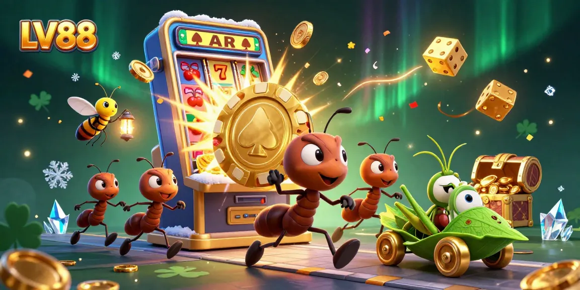 Join the LV88 adventure with playful ants in a dynamic casino heist illustration.