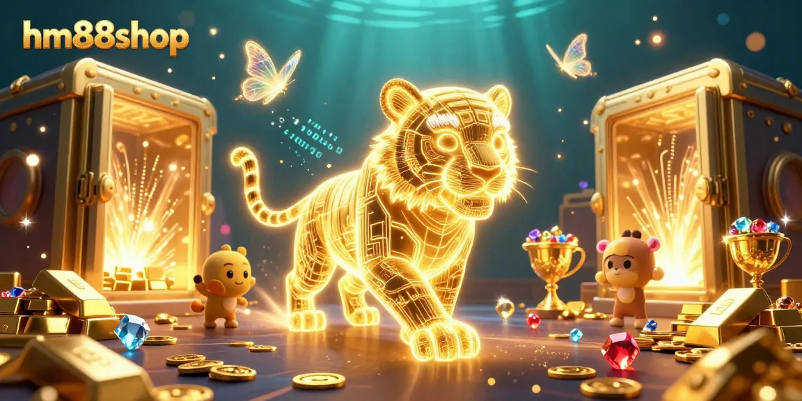 Experience the thrill at hm88shop's digital casino with a radiant 3D illustration of a golden tiger and treasures.