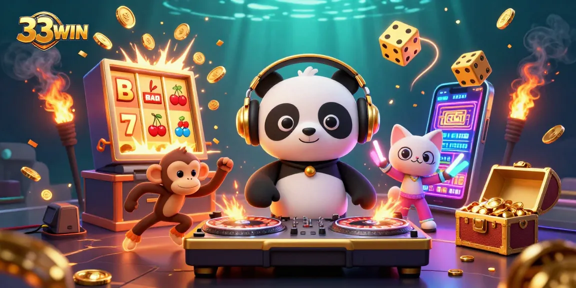 33WIN showcase featuring a DJ panda, dance party, and vibrant casino elements for an exciting gaming experience