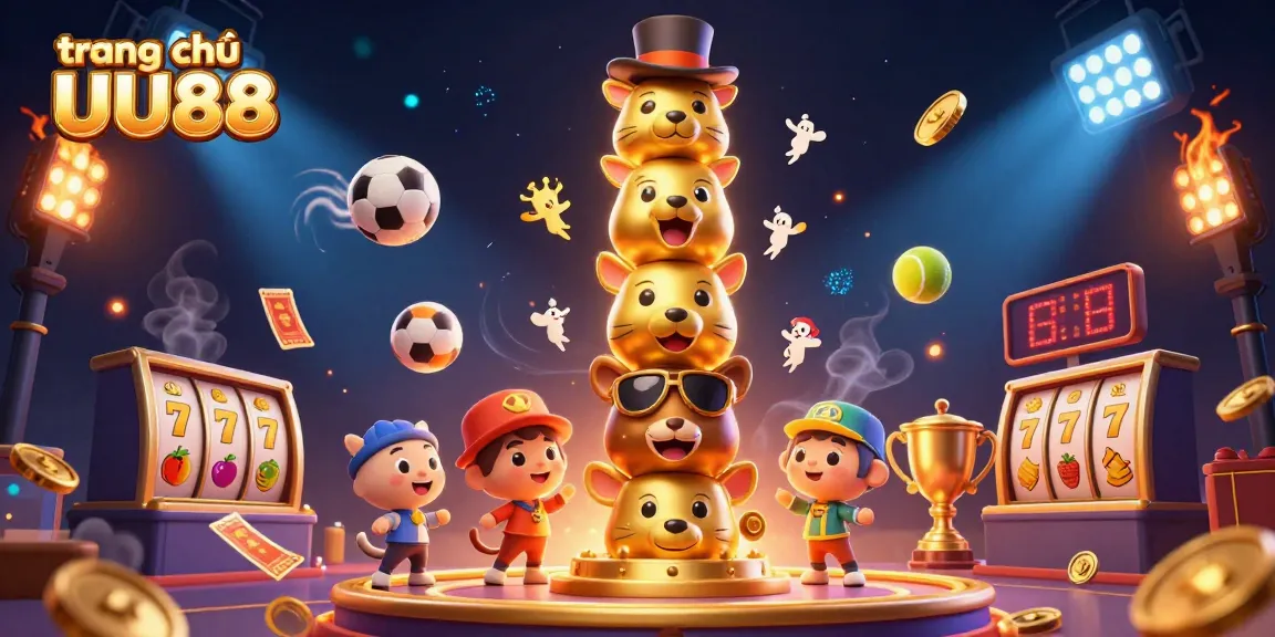 Experience exciting gaming action on trang chủ UU88 with a vibrant 3D casino illustration featuring unique elements and dynamic sports.