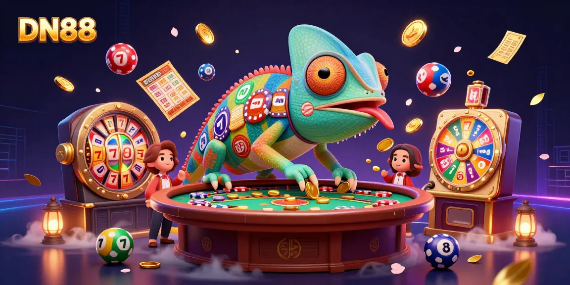 Engage in gaming excitement at DN88 with a vibrant chameleon casino owner amidst colorful elements.
