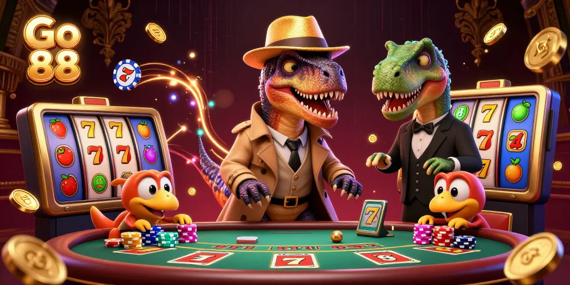 Engage with Go 88 at this vibrant 3D casino scene featuring animated characters and dynamic game elements.