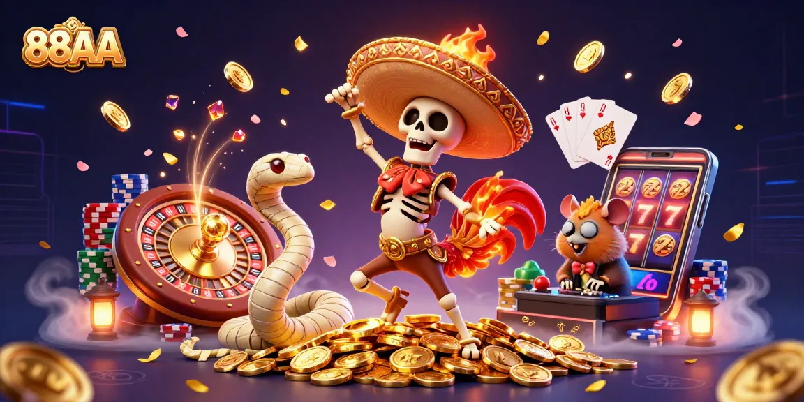 Experience thrilling wins at 88AA with vibrant casino games among cascading coins and a fun atmosphere.
