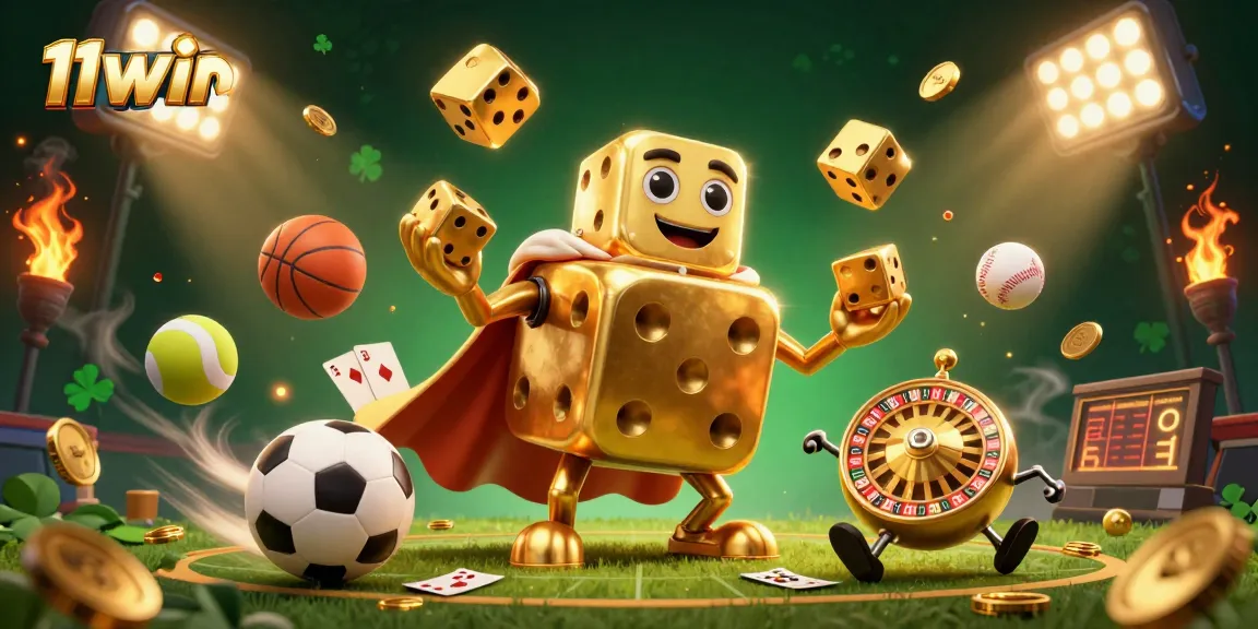 11WIN showcases a vibrant scene of a golden dice golem juggling dice and sports elements.