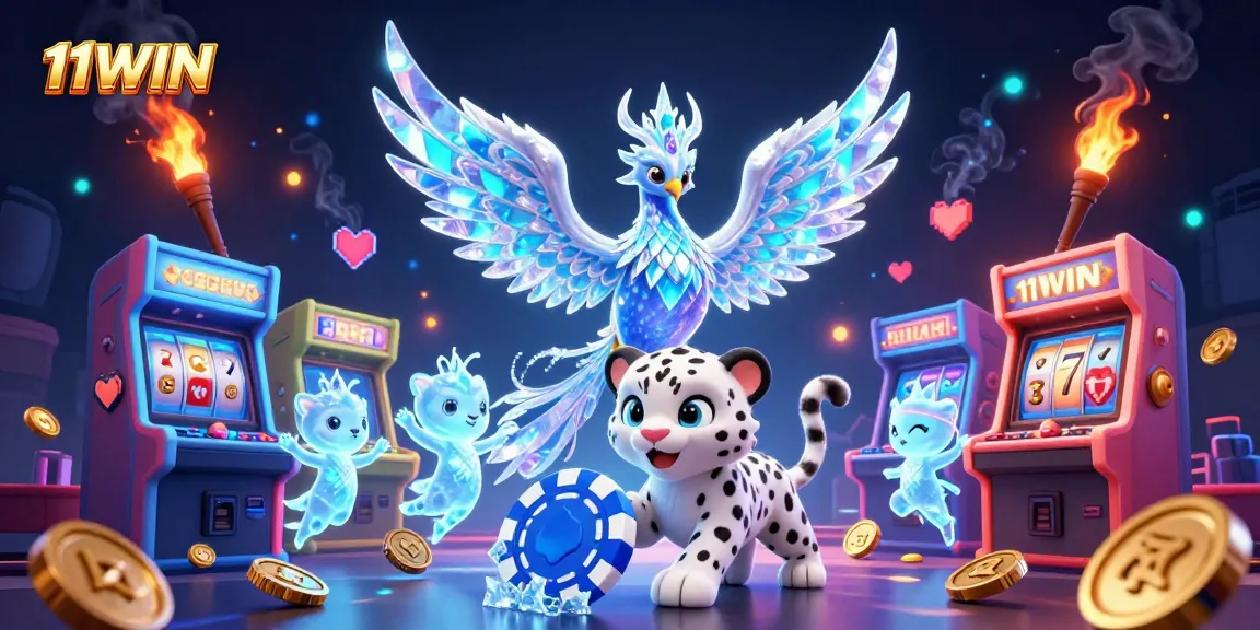 Engage with 11WIN's thrilling casino scene featuring a phoenix and playful elements.