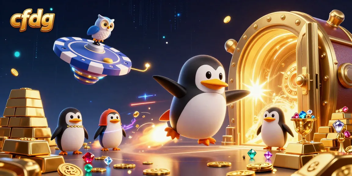 Experience exciting gameplay with cfdg's golden penguin racing toward a casino station amidst treasures.
