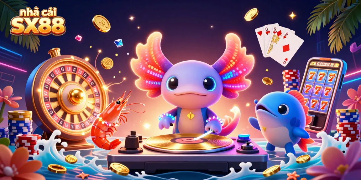 Engage with nhà cái SX88's vibrant neon-themed 3D casino illustration showcasing thrilling gameplay elements.