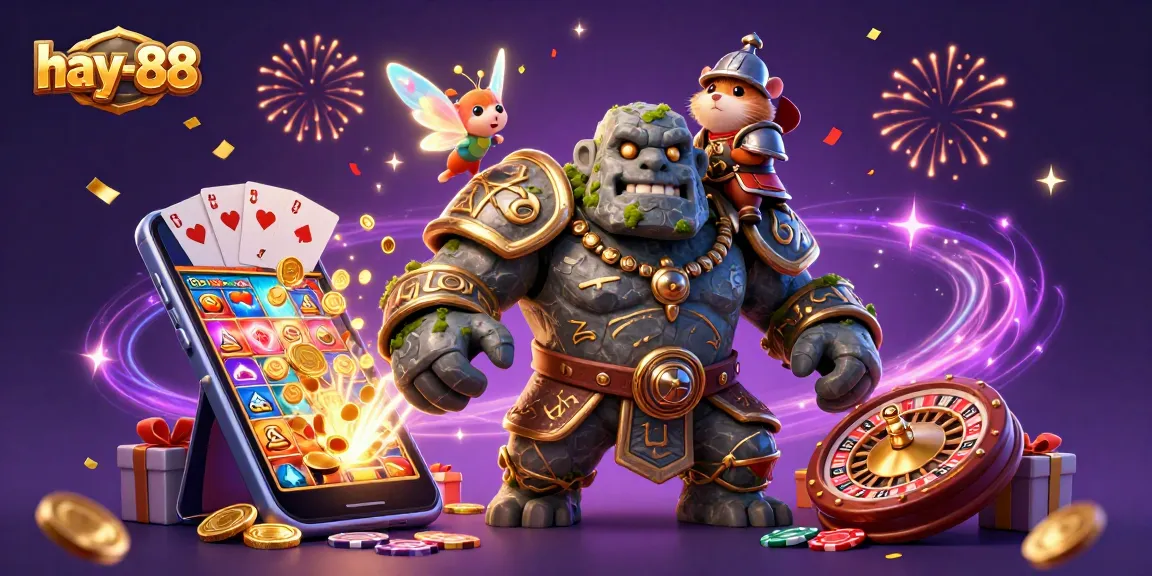 Experience the thrill of hay-88 with magical casino characters celebrating big wins as colorful elements surround them.