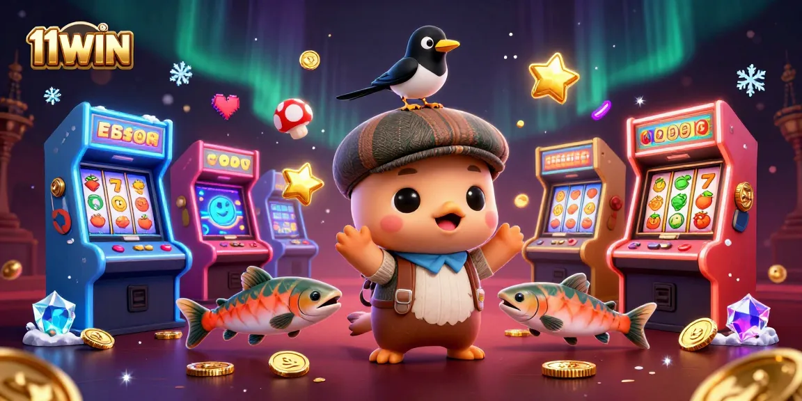 Experience the thrill of gaming at 11WIN with Nessie and friends amidst vibrant slot machines and colorful symbols.