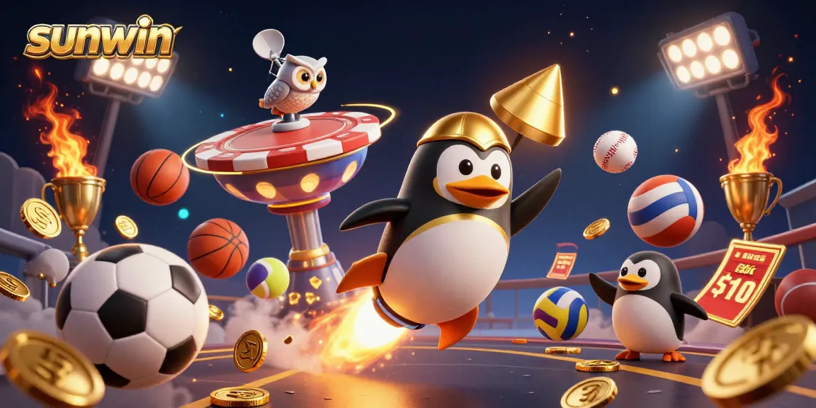 Engage with sunwin's vibrant 3D casino universe featuring a golden penguin and dynamic sports elements.