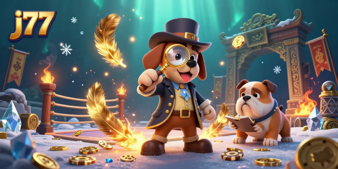Bet on fun with j77 as a detective dog and bulldog explore casino-themed treasures.