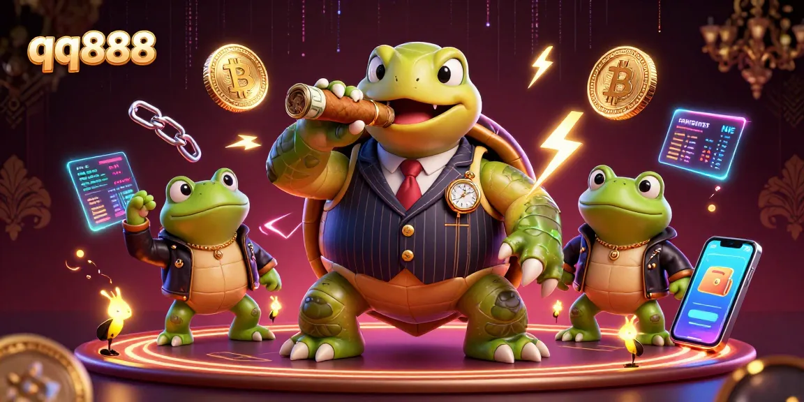 Experience the thrill of play at qq888 with this vibrant scene featuring a turtle in a casino setting.
