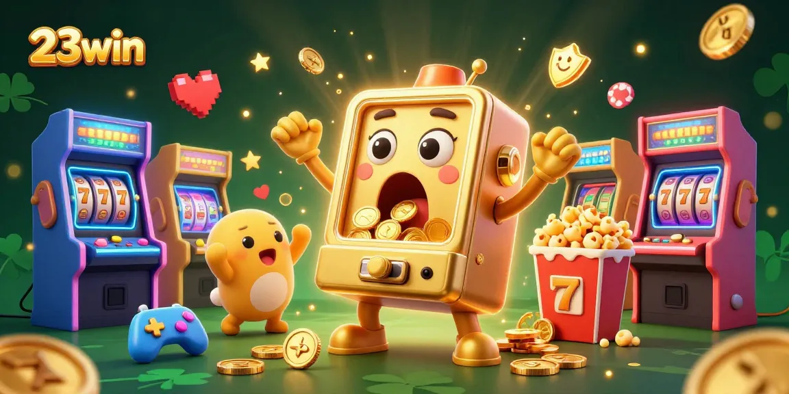 23win slot machine hits jackpot, surrounded by gold coins and baby slots celebrating in a vibrant casino scene.