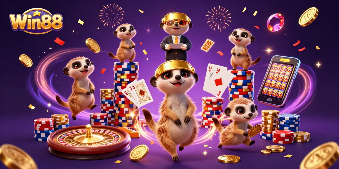Experience the excitement of Win88 with lively meerkats managing a vibrant casino scene full of action.
