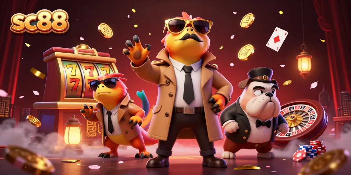Experience sc88 excitement with raptors in trench coat at a VIP casino entrance.