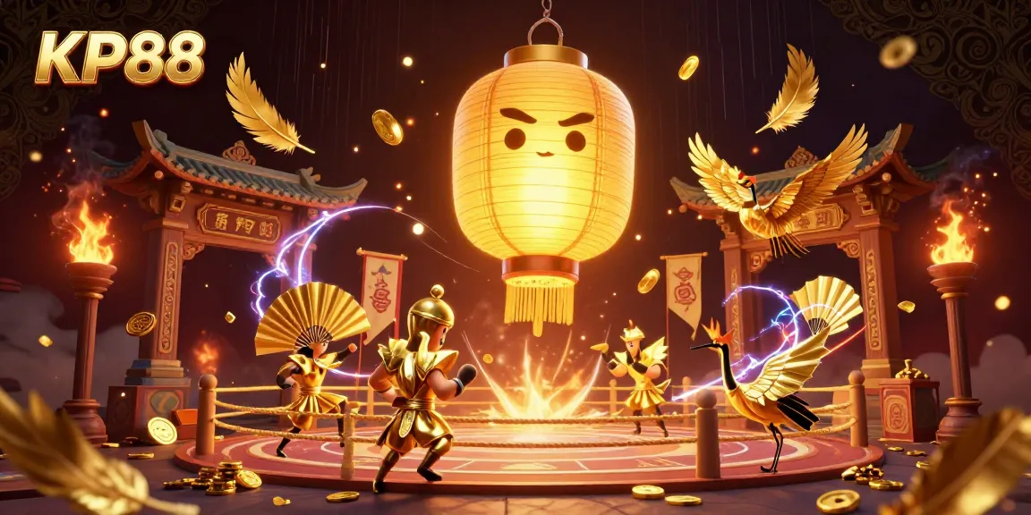 Experience KP88's vibrant casino atmosphere with golden lantern spirits and betting tokens.