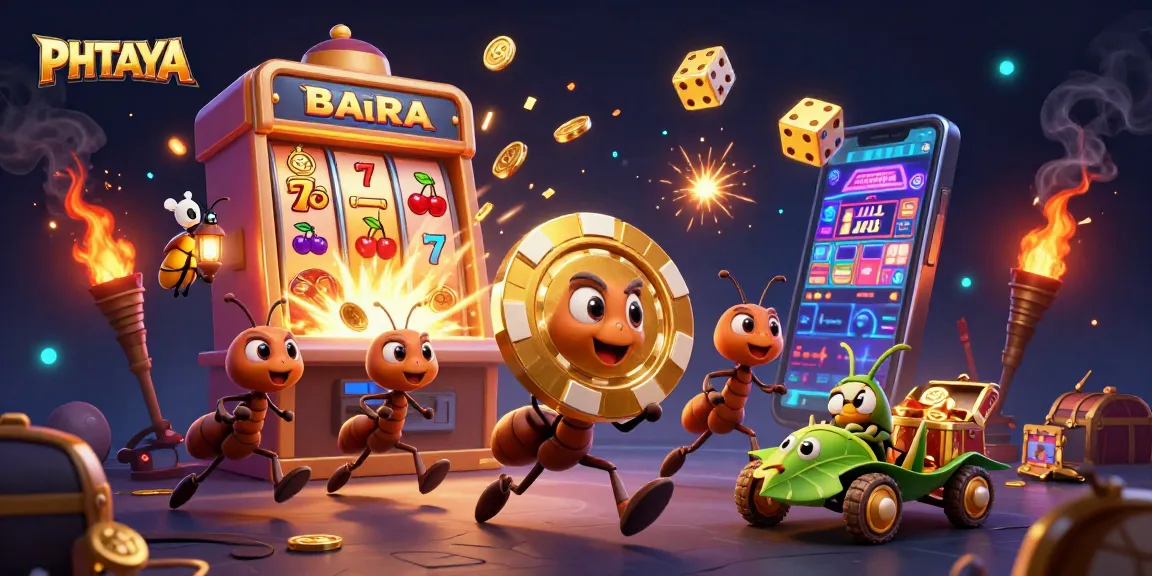 PHTAYA showcases a team of animated ants in an exciting heist with golden poker chip, surrounded by dynamic casino elements.