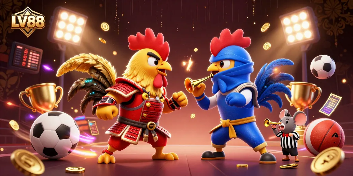Engage with the thrilling LV88 casino experience featuring roosters in an epic standoff.